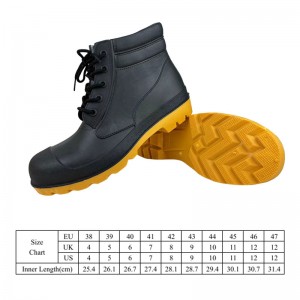 Nwa ki ba koupe dantèl-up PVC sekirite lapli bòt ak asye zòtèy ak midsole