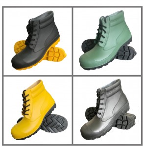 Nwa ki ba koupe dantèl-up PVC sekirite lapli bòt ak asye zòtèy ak midsole