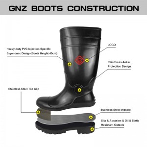 I-Economy Black PVC ukuphepha imvula amabhuzu anezinzwane zensimbi kanye ne-midsole