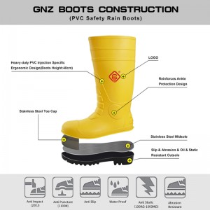 Amabhuzu we-CE ASTM AS / NZS PVC Ukuphepha Kwemvula Ngezinzwane zensimbi kanye ne-midsole